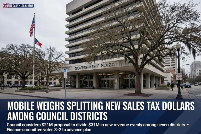 Illustration for the news story: Mobile weighs splitting new sales tax dollars among council districts