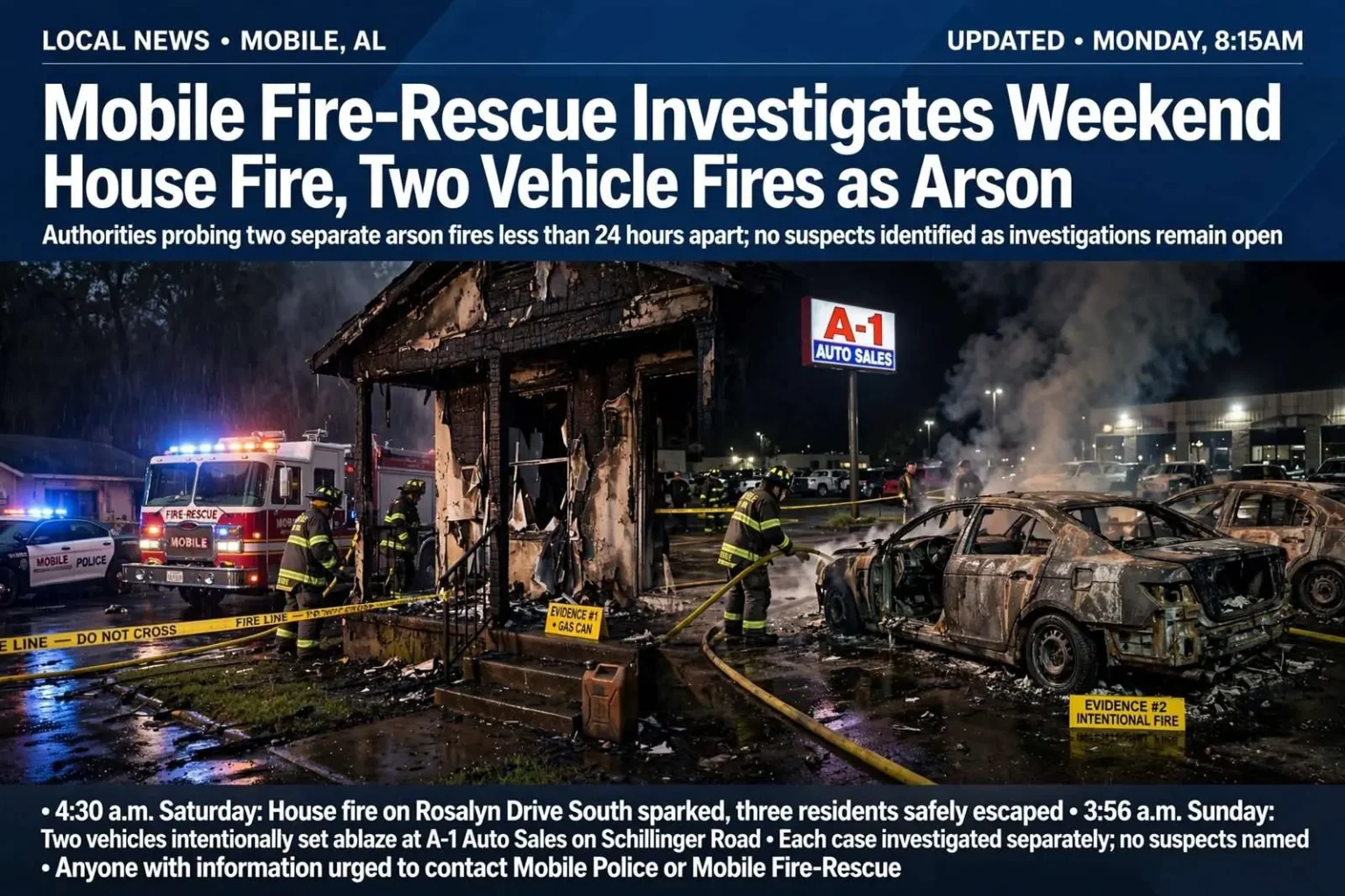Illustration for the news story: Mobile Fire-Rescue Investigates Weekend House Fire, Two Vehicle Fires as Arson