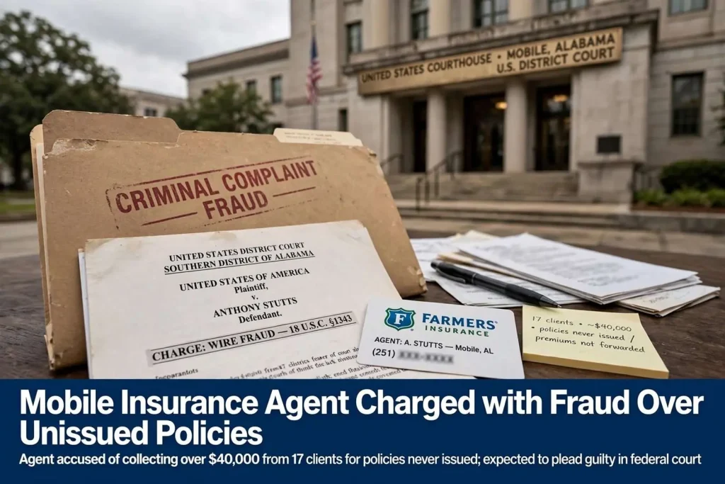 Illustration for the news story: Mobile Insurance Agent Charged with Fraud Over Unissued Policies