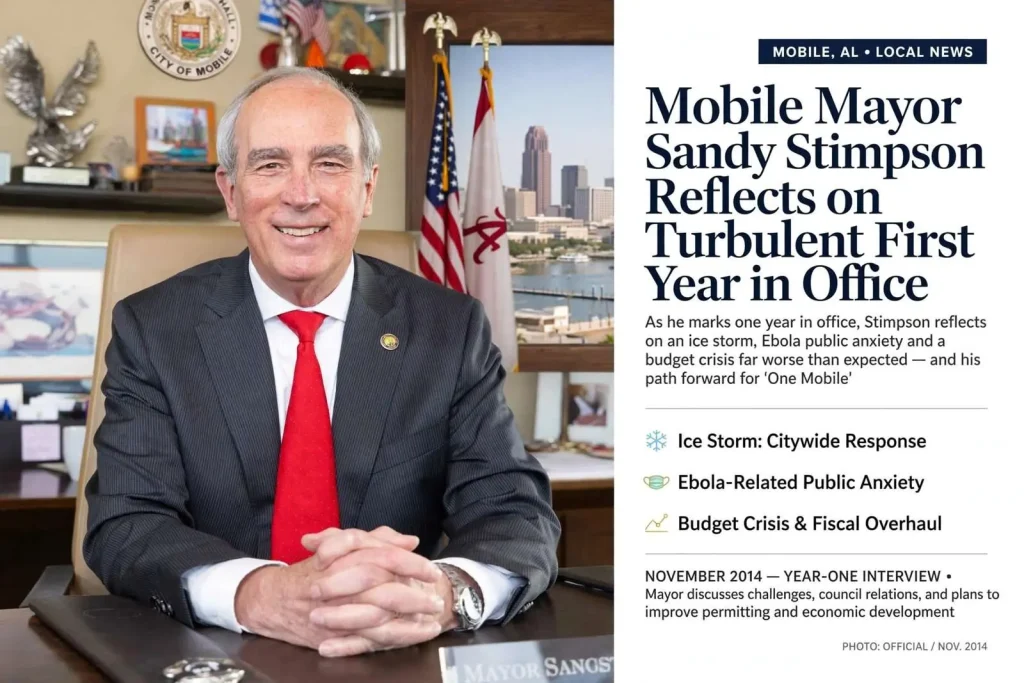 Illustration for the news story: Mobile Mayor Sandy Stimpson Reflects on Turbulent First Year in Office