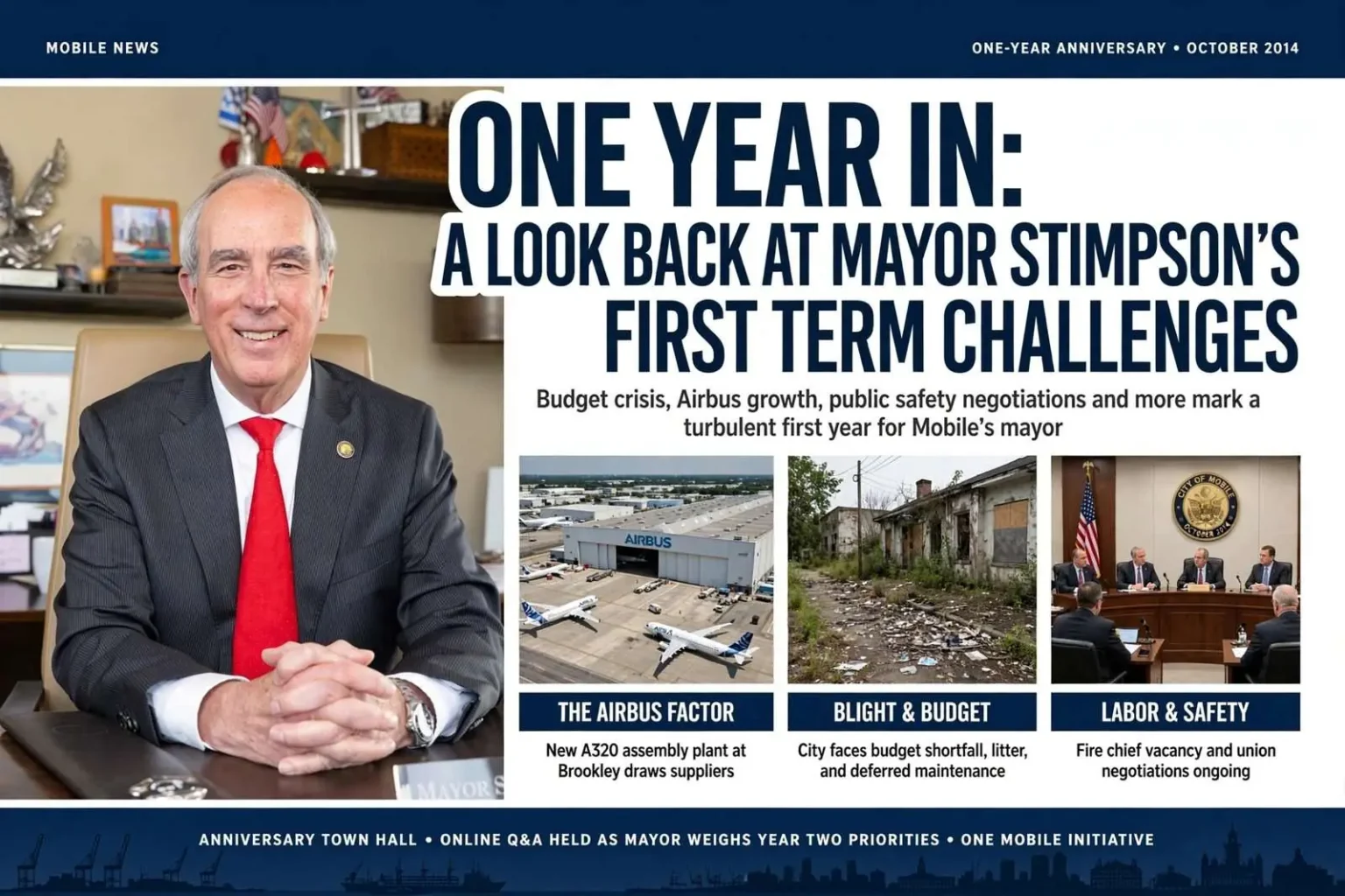 Illustration for the news story: One Year In: A Look Back at Mayor Stimpson’s First Term Challenges