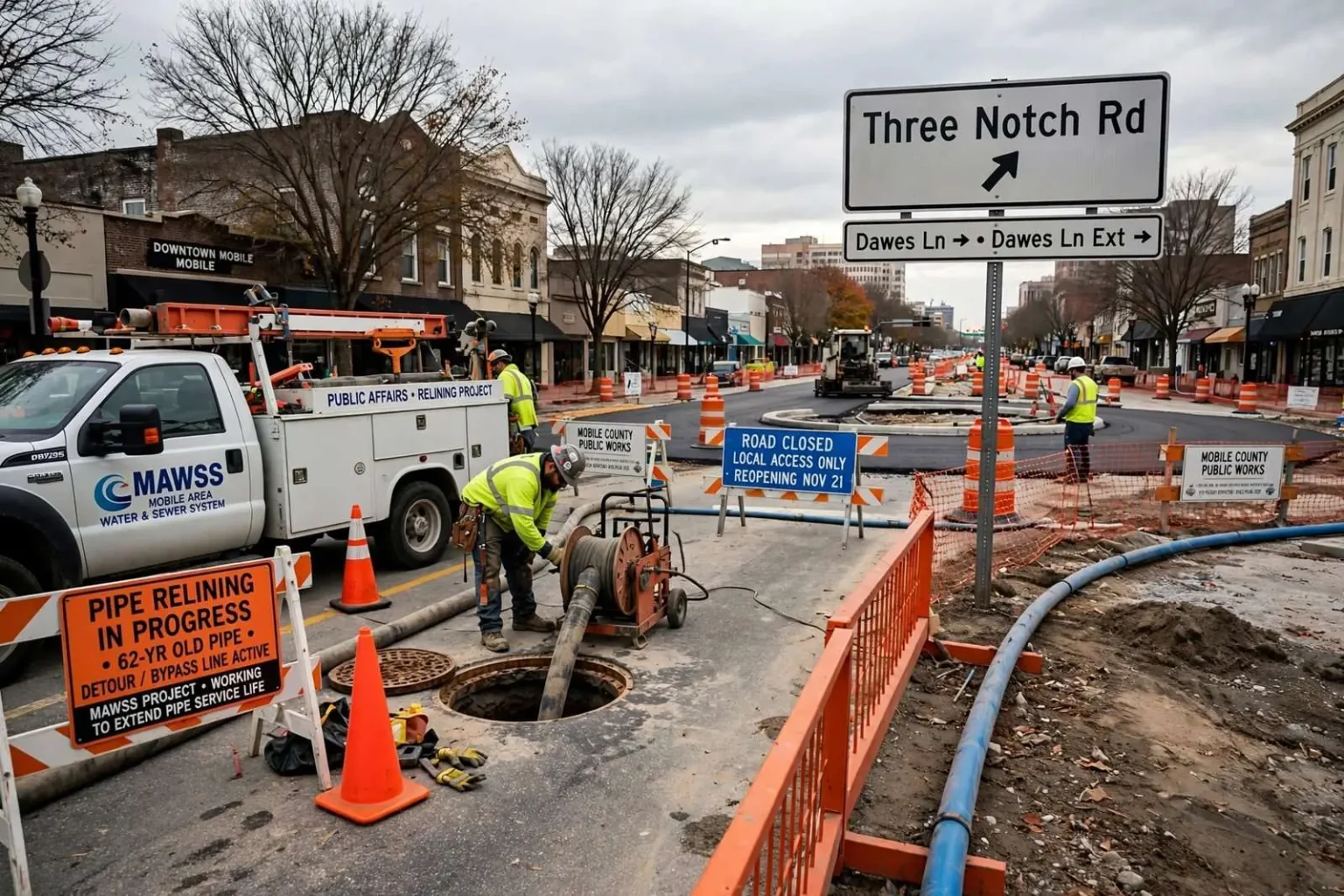 Illustration for the news story: Downtown Mobile Pipe Project Nears Finish Line as Three Notch Road Roundabout Gets Paved