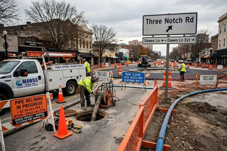Illustration for the news story: Downtown Mobile Pipe Project Nears Finish Line as Three Notch Road Roundabout Gets Paved