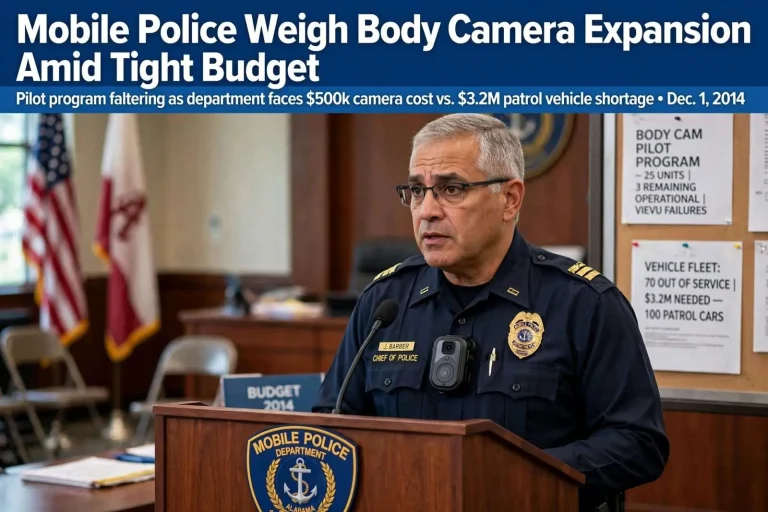 Illustration for the news story: Mobile Police Weigh Body Camera Expansion Amid Tight Budget