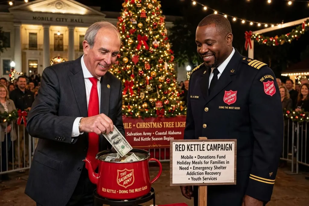 Illustration for the news story: Mobile Mayor Kicks Off Salvation Army’s Red Kettle Season at Tree Lighting