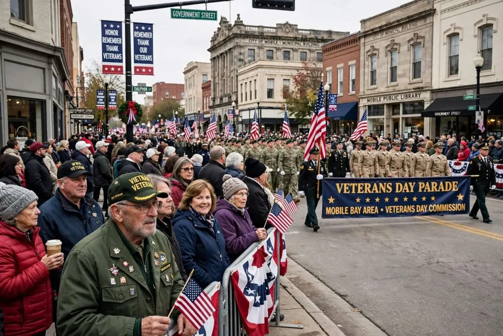 Illustration for the news story: Downtown Mobile Turns Out for Veterans Day Parade