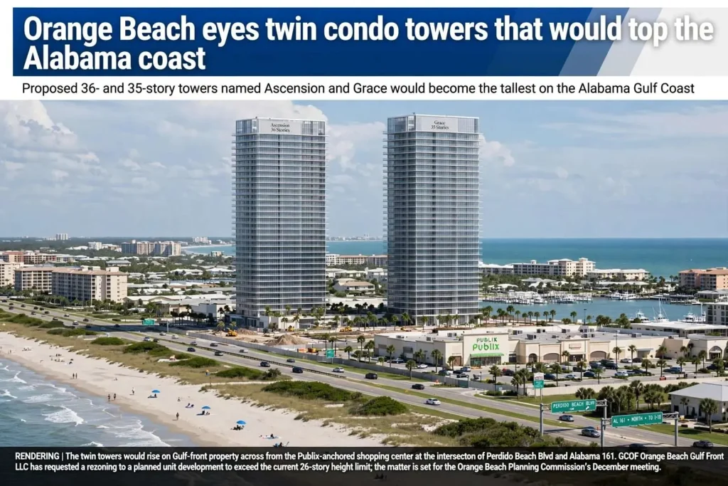 Illustration for the news story: Orange Beach eyes twin condo towers that would top the Alabama coast