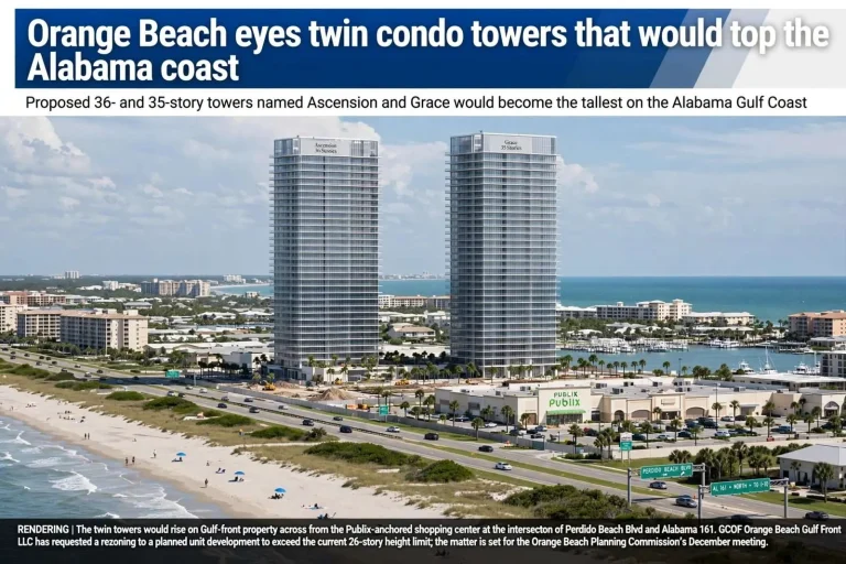 Illustration for the news story: Orange Beach eyes twin condo towers that would top the Alabama coast