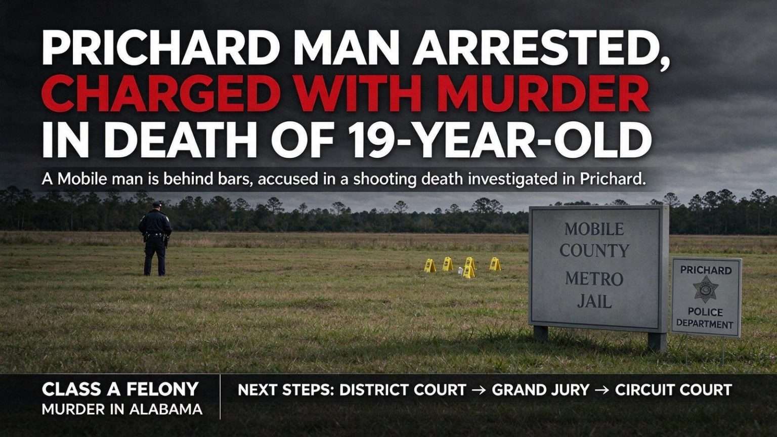 Illustration for the news story: Prichard Man Arrested, Charged with Murder in Death of 19-Year-Old