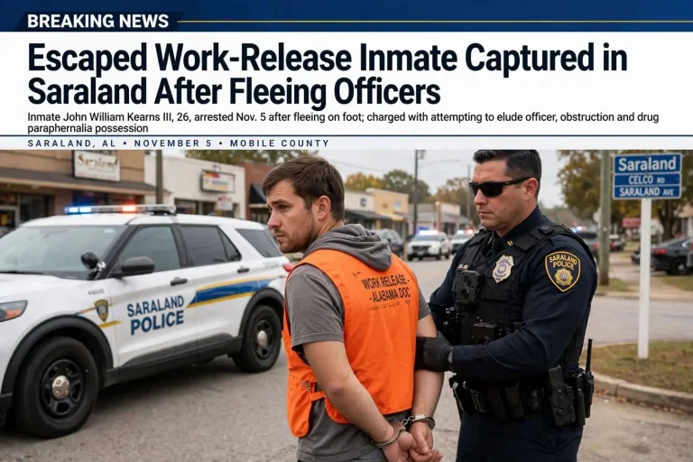 Illustration for the news story: Escaped Work-Release Inmate Captured in Saraland After Fleeing Officers