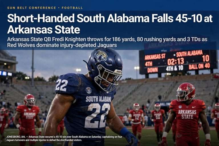 Illustration for the news story: Short-Handed South Alabama Falls 45-10 at Arkansas State