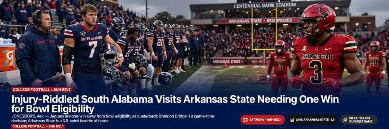 Illustration for the news story: Injury-Riddled South Alabama Visits Arkansas State Needing One Win for Bowl Eligibility
