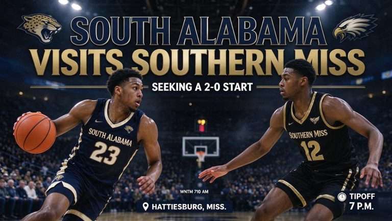 Illustration for the news story: South Alabama Basketball Visits Southern Miss Seeking 2-0 Start