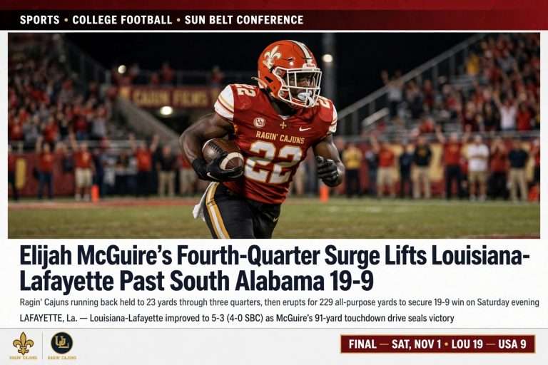 Illustration for the news story: Elijah McGuire’s Fourth-Quarter Surge Lifts Louisiana-Lafayette Past South Alabama 19-9