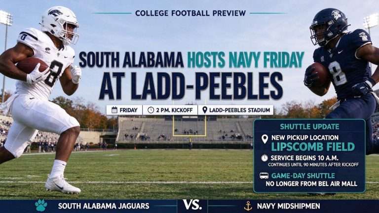 Illustration for the news story: South Alabama Hosts Navy Friday at Ladd-Peebles; Game-Day Shuttle Moves to Lipscomb Field