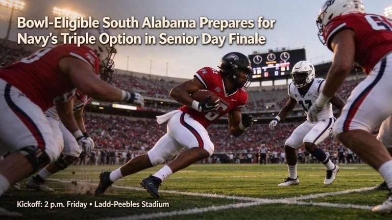 Illustration for the news story: Bowl-Eligible South Alabama Prepares for Navy’s Triple Option in Senior Day Finale
