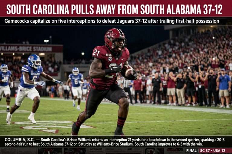 Illustration for the news story: South Carolina Pulls Away From South Alabama 37-12 After Jaguars Control First Half
