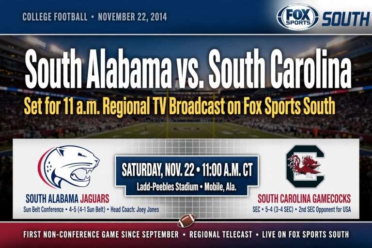 Illustration for the news story: South Alabama vs. South Carolina Set for 11 a.m. Regional TV Broadcast on Fox Sports South