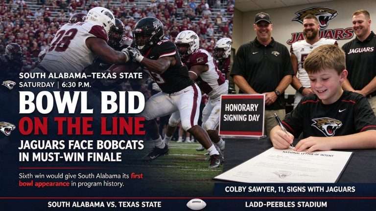 Illustration for the news story: South Alabama Can Clinch First Bowl Bid Against Texas State; Young Patient Signs With Jaguars