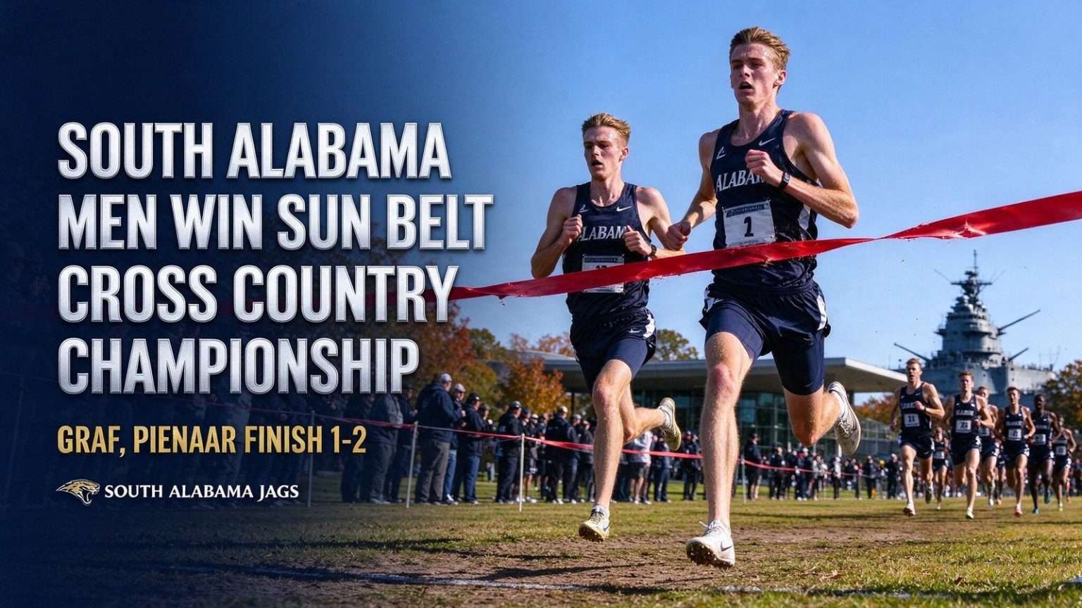 Illustration for the news story: South Alabama Men Win Sun Belt Cross Country Championship as Graf, Pienaar Finish 1-2