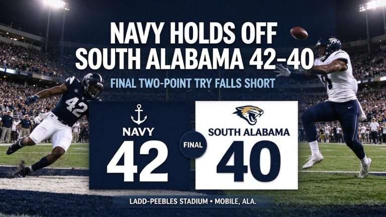 Illustration for the news story: Navy Holds Off South Alabama 42-40 as Final Two-Point Try Falls Short