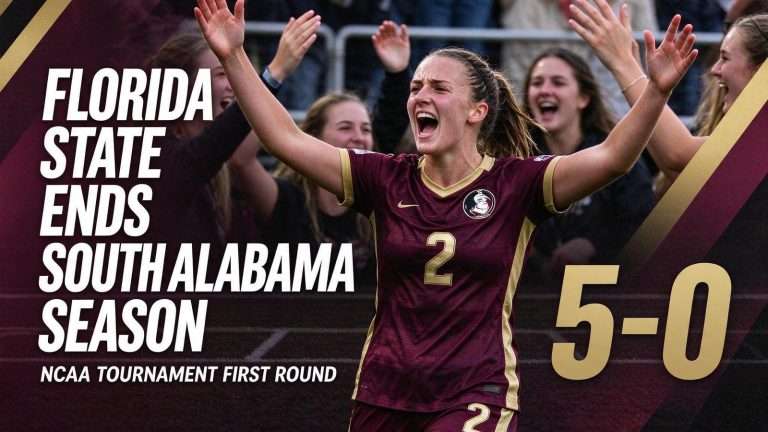 Illustration for the news story: Florida State Ends South Alabama Soccer’s Season 5-0 in NCAA Tournament First Round