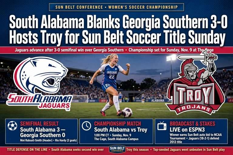 Illustration for the news story: South Alabama Blanks Georgia Southern 3-0, Hosts Troy for Sun Belt Soccer Title Sunday