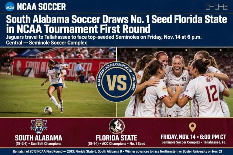 Illustration for the news story: South Alabama Soccer Draws No. 1 Seed Florida State in NCAA Tournament First Round
