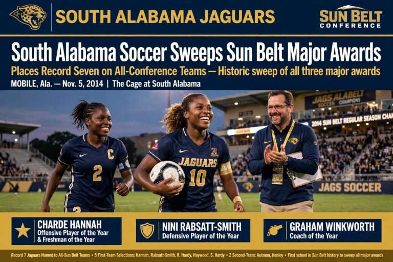 Illustration for the news story: South Alabama Soccer Sweeps Sun Belt Major Awards, Places Record Seven on All-Conference Teams