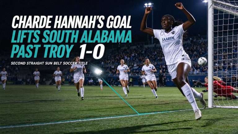 Illustration for the news story: Charde Hannah’s Goal Lifts South Alabama Past Troy 1-0 for Second Straight Sun Belt Soccer Title