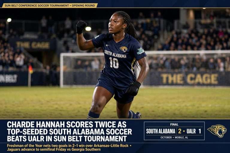 Illustration for the news story: Charde Hannah Scores Twice as Top-Seeded South Alabama Soccer Beats UALR in Sun Belt Tournament