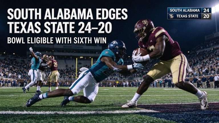 Illustration for the news story: South Alabama Edges Texas State 24-20 to Become Bowl Eligible With Sixth Win