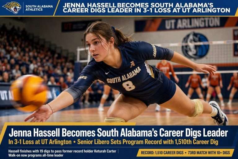 Illustration for the news story: Jenna Hassell Becomes South Alabama’s Career Digs Leader in 3-1 Loss at UT Arlington