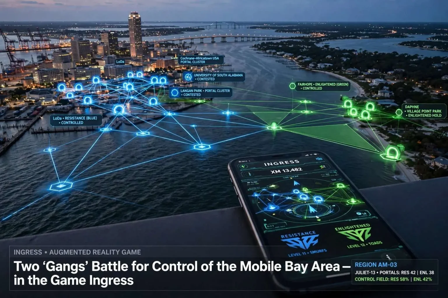 Illustration for the news story: Two ‘Gangs’ Battle for Control of the Mobile Bay Area — in the Game Ingress