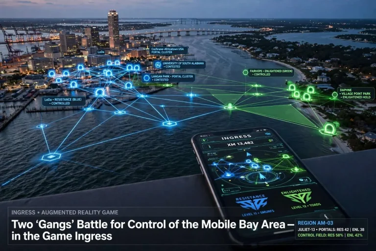 Illustration for the news story: Two ‘Gangs’ Battle for Control of the Mobile Bay Area — in the Game Ingress