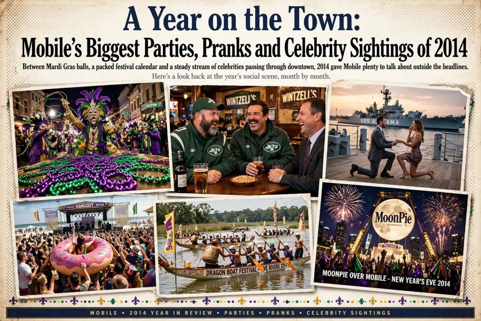 Illustration for the news story: A Year on the Town: Mobile’s Biggest Parties, Pranks and Celebrity Sightings of 2014