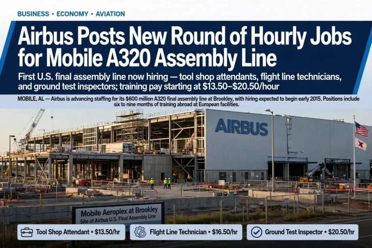 Illustration for the news story: Airbus Posts New Round of Hourly Jobs for Mobile A320 Assembly Line