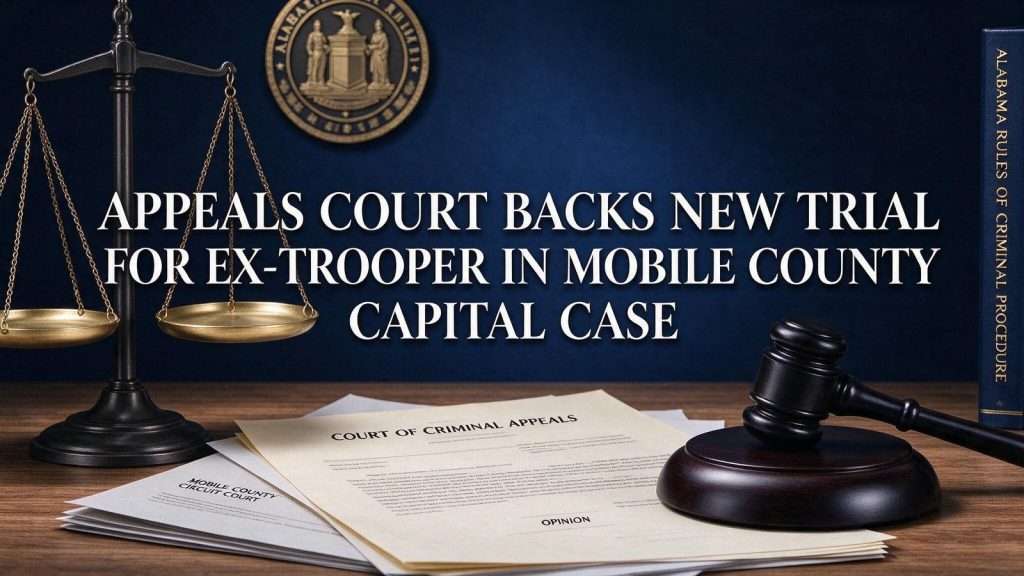 Illustration for the news story: Appeals Court Backs New Trial for Ex-Trooper in Mobile County Capital Case