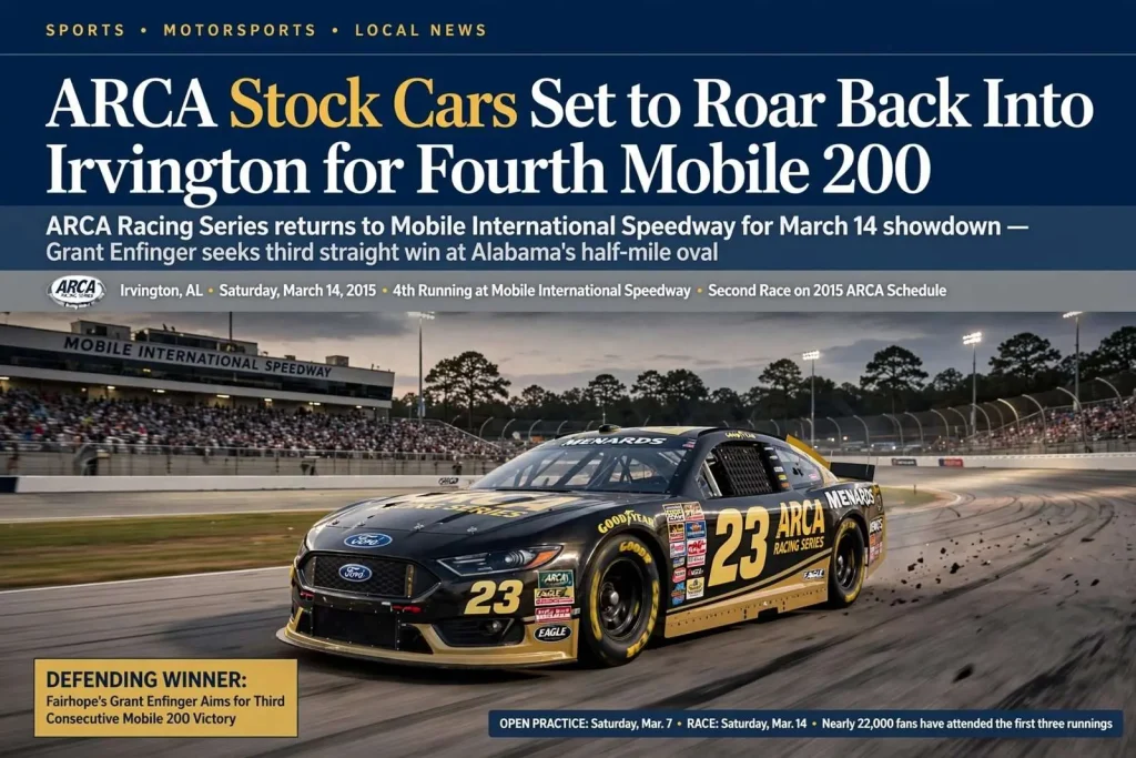Illustration for the news story: ARCA Stock Cars Set to Roar Back Into Irvington for Fourth Mobile 200