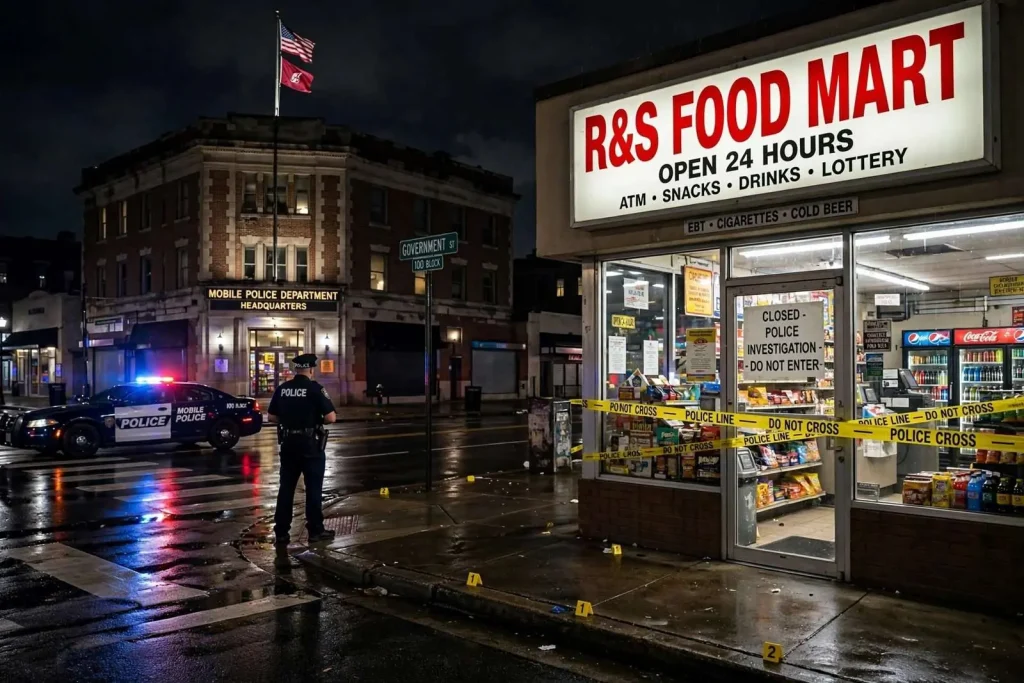 Illustration for the news story: Armed Robbers Hit Food Mart Steps From Mobile Police Headquarters