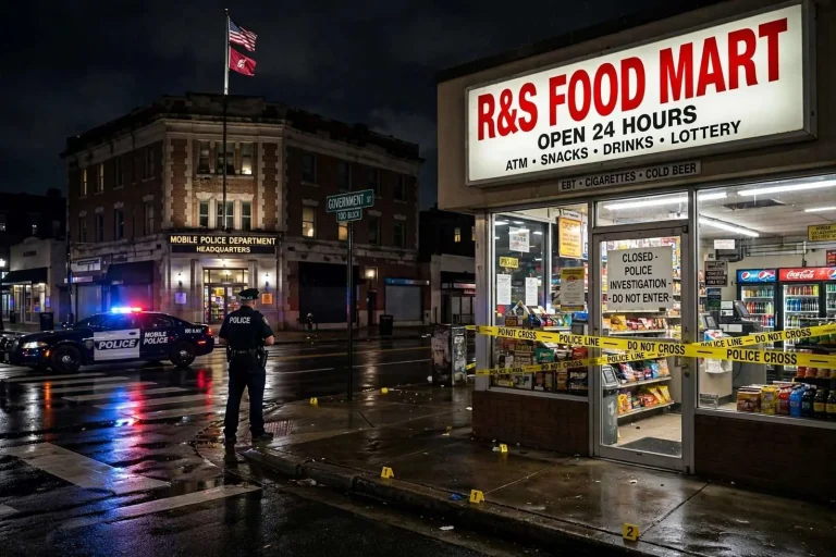 Illustration for the news story: Armed Robbers Hit Food Mart Steps From Mobile Police Headquarters