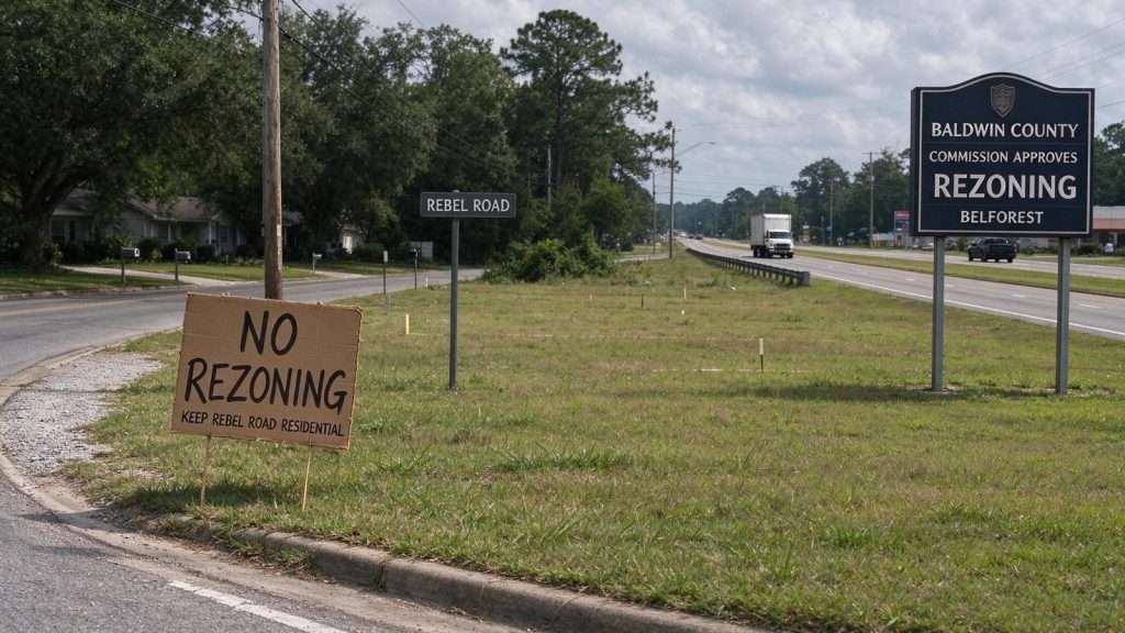 Illustration for the news story: Baldwin County Commission Approves Belforest Rezoning Over Neighbors’ Objections