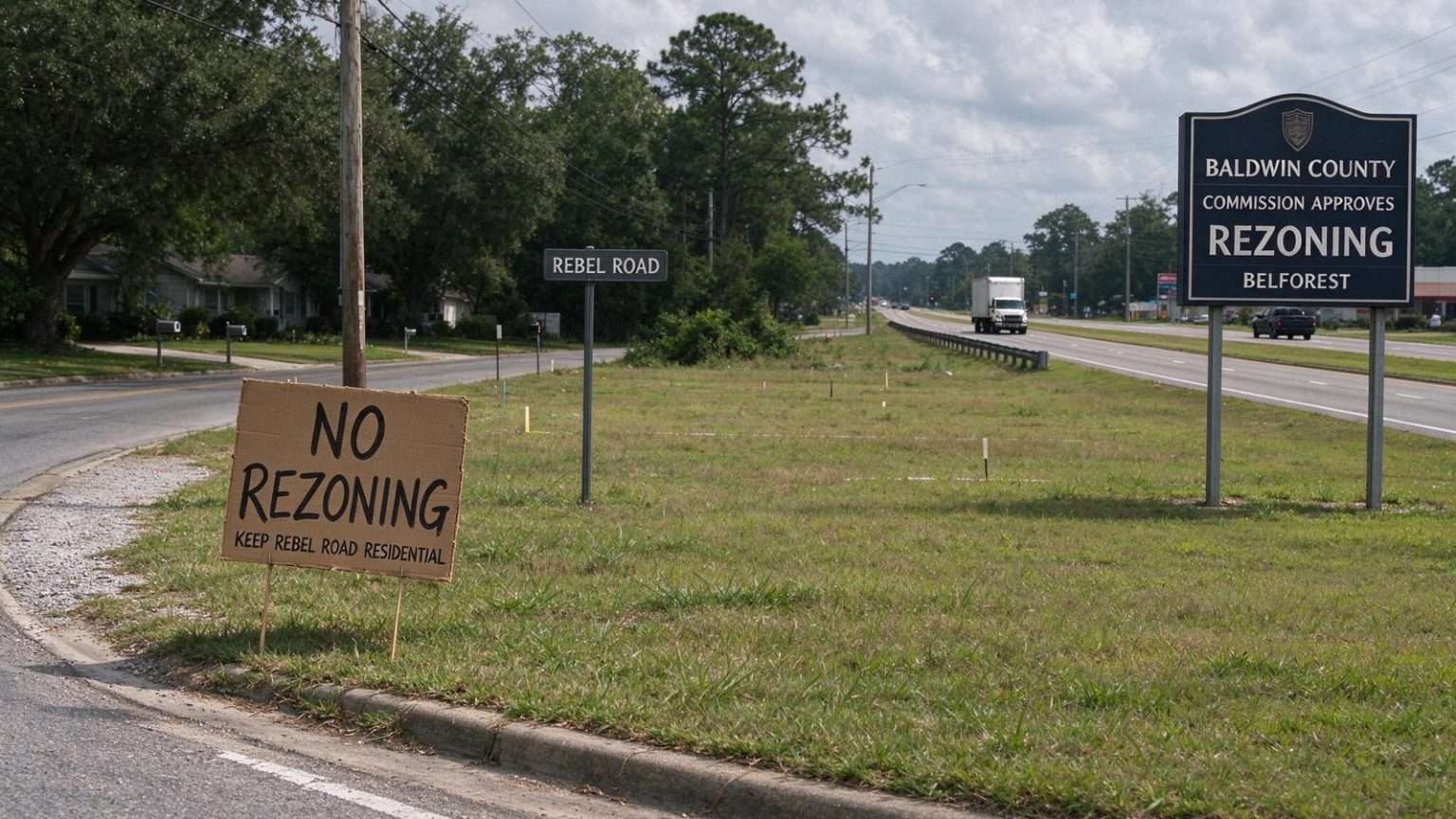 Illustration for the news story: Baldwin County Commission Approves Belforest Rezoning Over Neighbors’ Objections