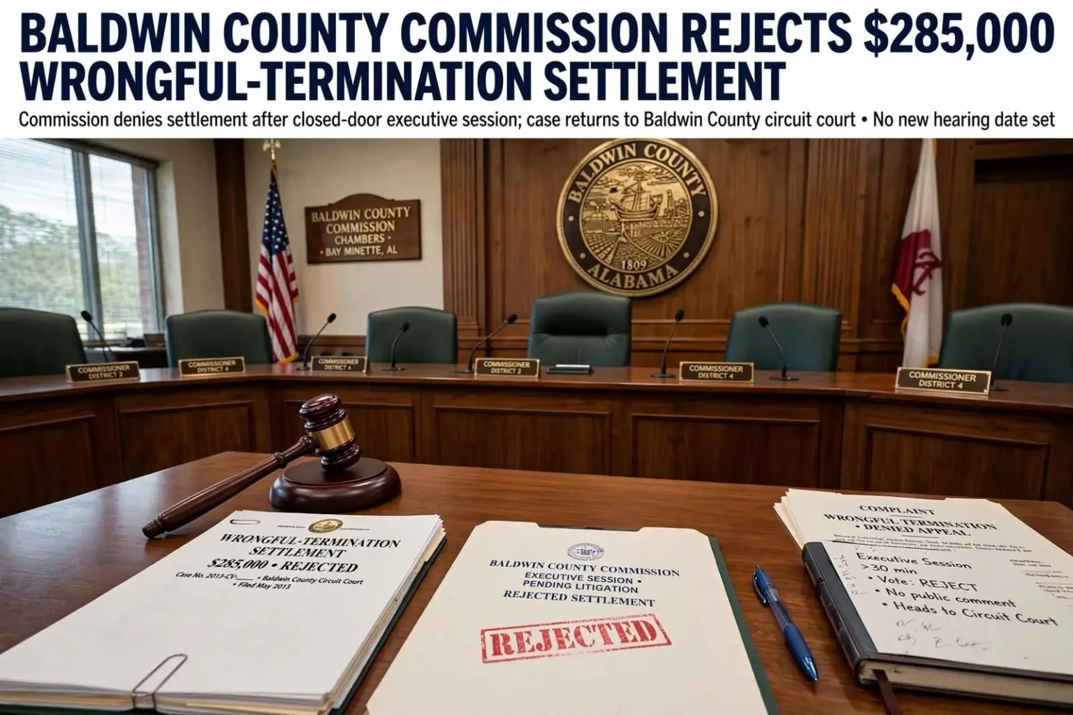 Illustration for the news story: Baldwin County Commission Rejects $285,000 Wrongful-Termination Settlement