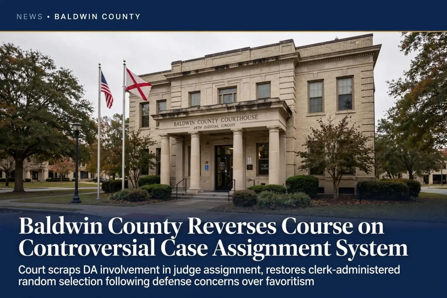 Illustration for the news story: Baldwin County Reverses Course on Controversial Case Assignment System