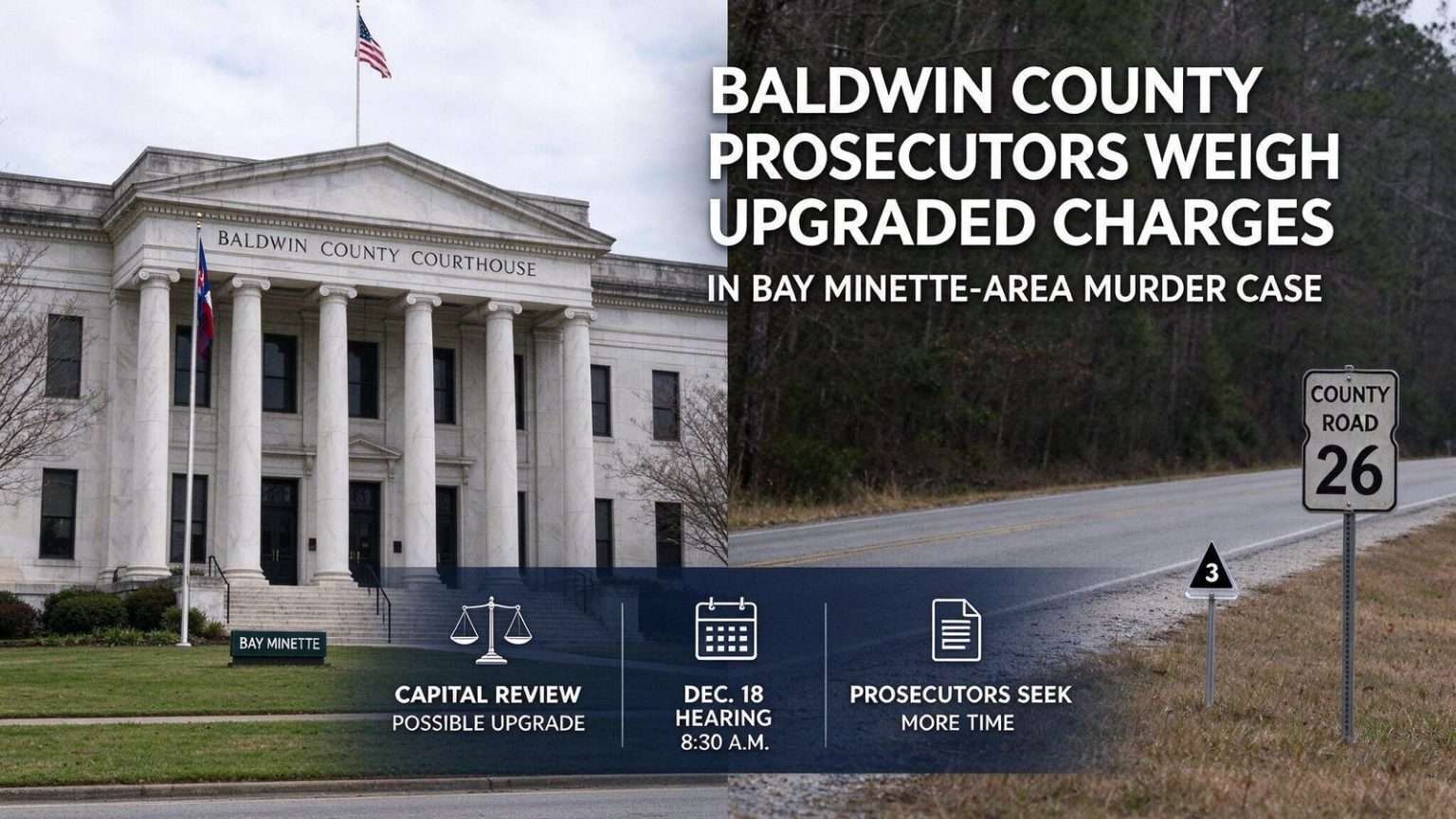Illustration for the news story: Baldwin County Prosecutors Weigh Upgraded Charges in Bay Minette-Area Murder Case