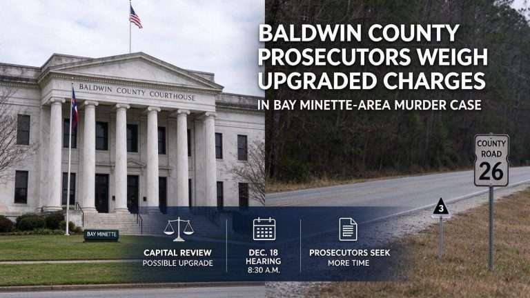 Illustration for the news story: Baldwin County Prosecutors Weigh Upgraded Charges in Bay Minette-Area Murder Case