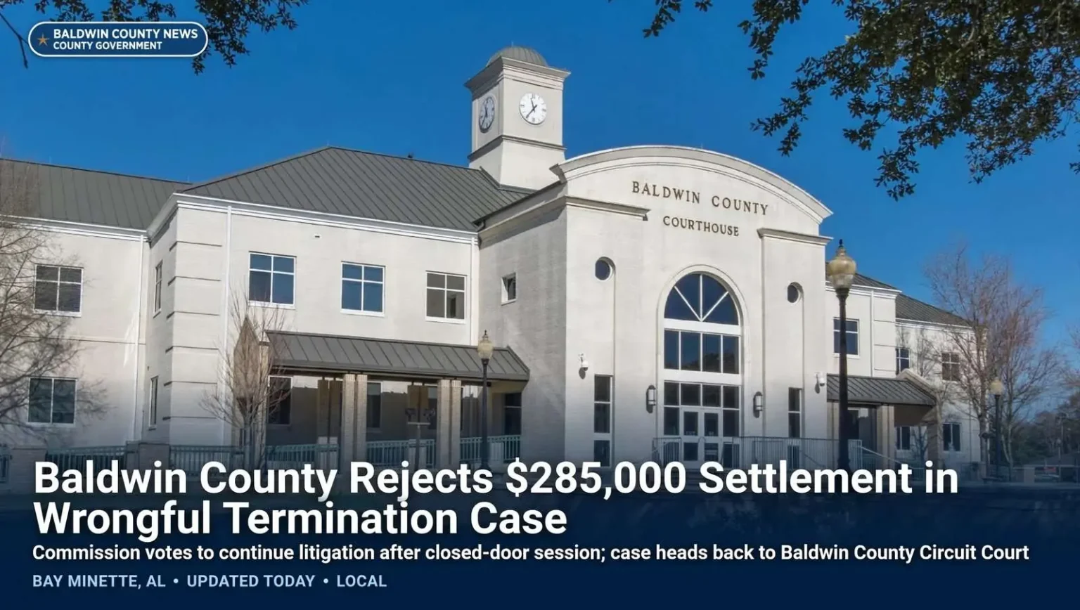 Illustration for the news story: Baldwin County Rejects $285,000 Settlement in Wrongful Termination Case