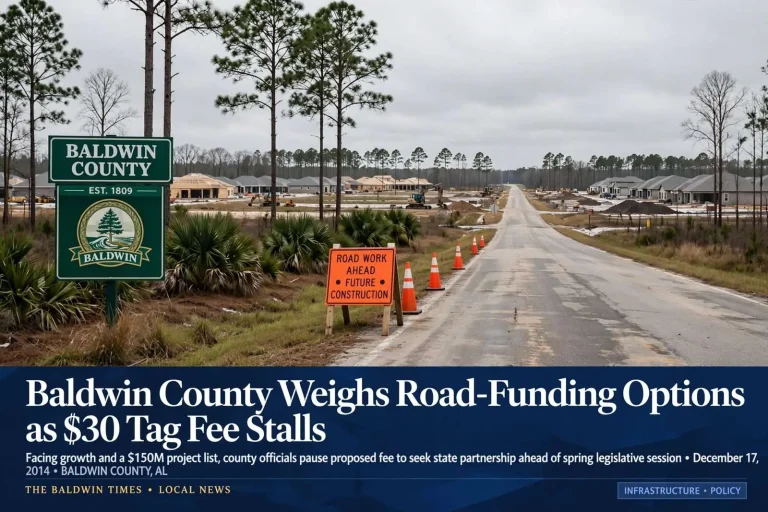 Illustration for the news story: Baldwin County Weighs Road-Funding Options as $30 Tag Fee Stalls