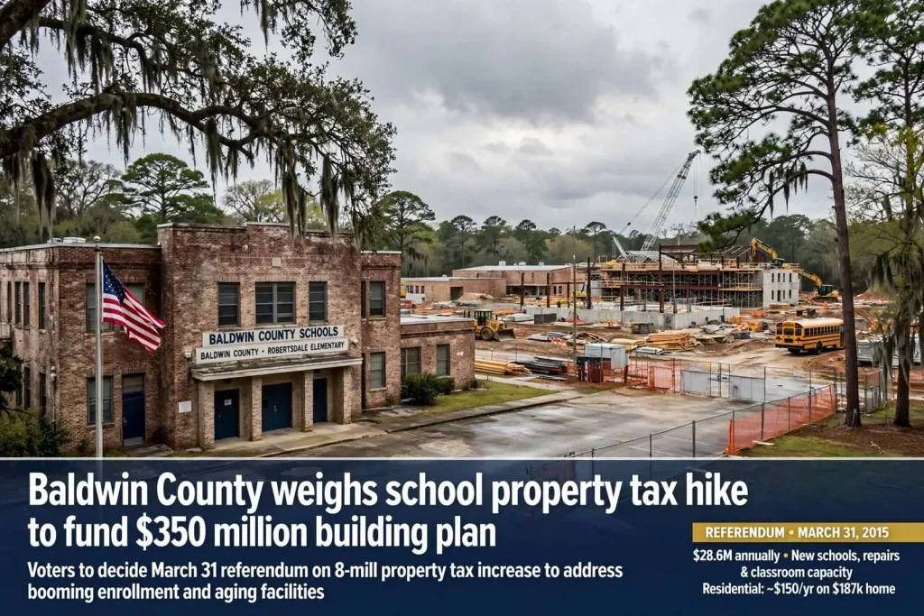 Illustration for the news story: Baldwin County weighs school property tax hike to fund $350 million building plan